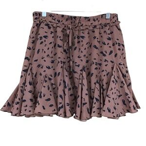 Entro Ruffled Full Skirt Skort L Brown Black Animal Print Drawstring Waist